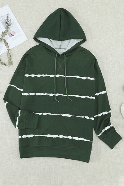 Explore More Collection - Drawstring Striped Dropped Shoulder Hoodie