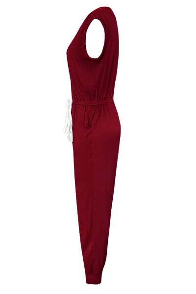 Explore More Collection - Drawstring Round Neck Sleeveless Jumpsuit