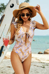 Explore More Collection - Cutout Animal Print Ruffled Wide Strap One-Piece Swimwear