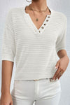 Explore More Collection - Openwork Half Button Dropped Shoulder Knit Top