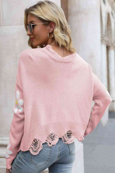 Explore More Collection - Flower Distressed Ribbed Trim Sweater