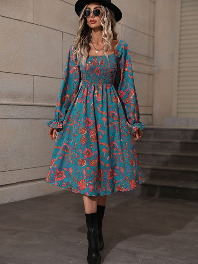 Explore More Collection - Printed Square Neck Flounce Sleeve Dress