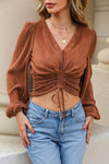 Explore More Collection - Drawstring V-Neck Balloon Sleeve Blouse