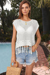 Explore More Collection - Openwork Cap Sleeve Knit Cover Up with Tassel