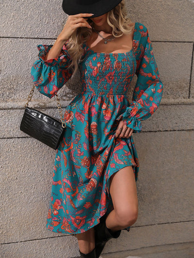 Explore More Collection - Printed Square Neck Flounce Sleeve Dress