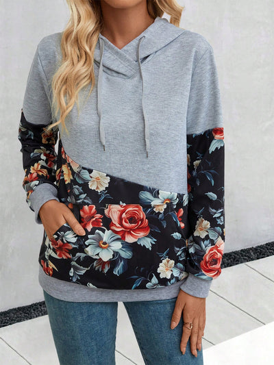 Explore More Collection - Floral Drawstring Hoodie with Pocket
