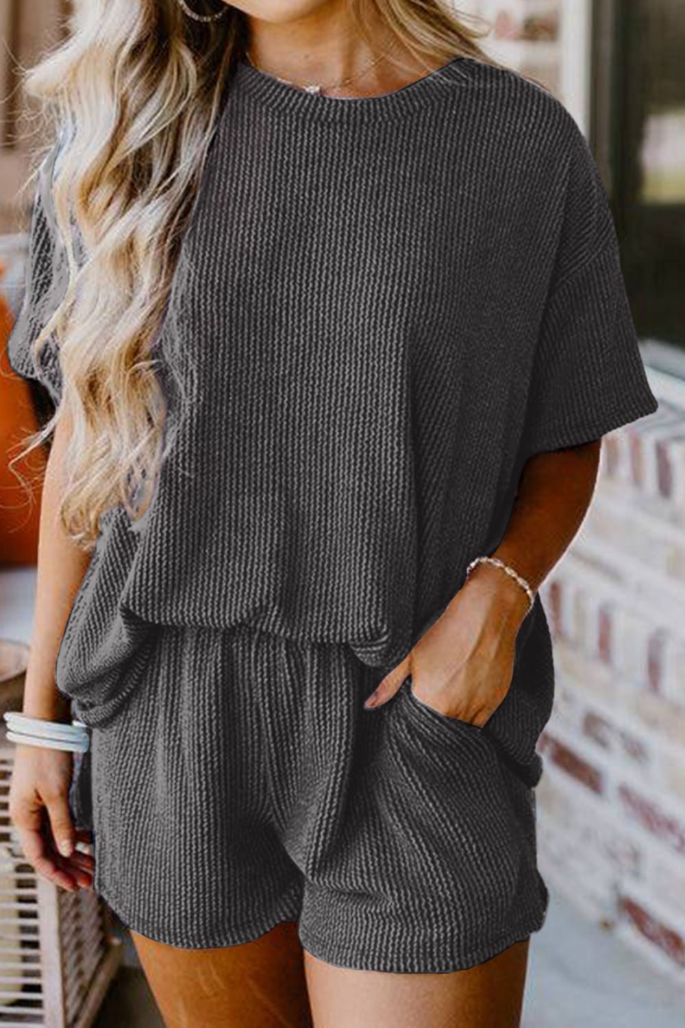 Explore More Collection - Textured Round Neck Top and Shorts Set