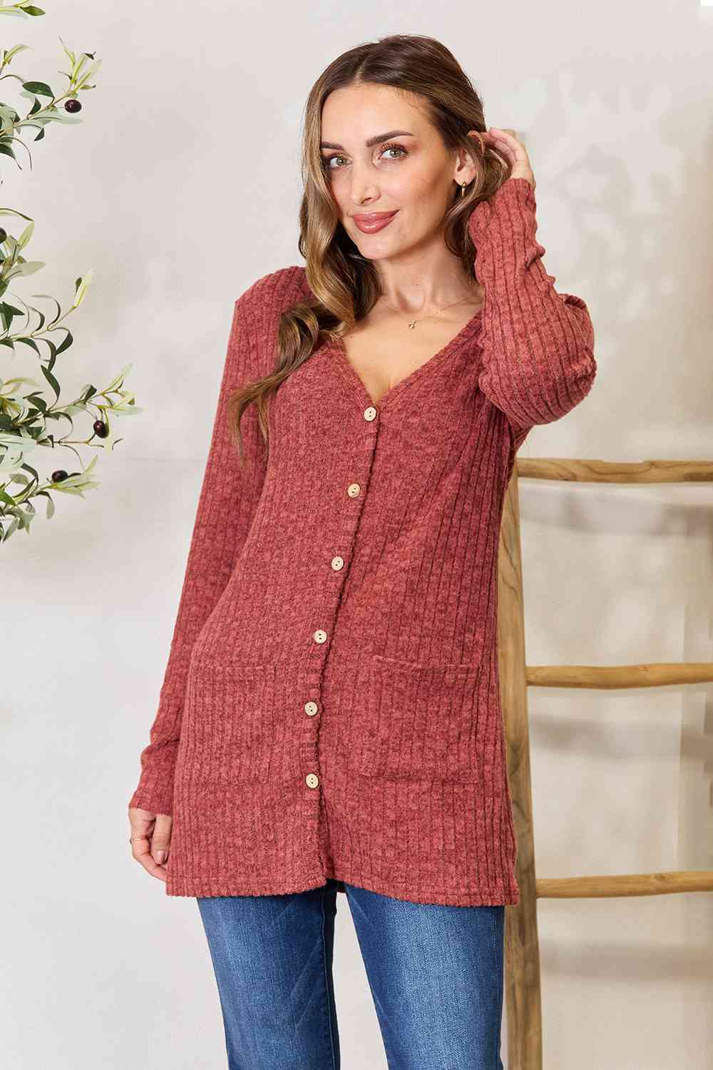 Explore More Collection - Double Take Ribbed Button-Up Cardigan with Pockets