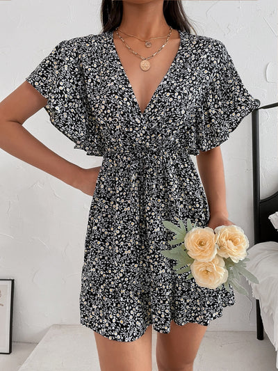 Explore More Collection - Cutout Ditsy Floral Surplice Flounce Sleeve Dress