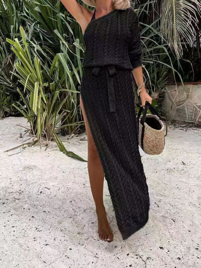 Explore More Collection - Slit Openwork Single Shoulder Knit Dress