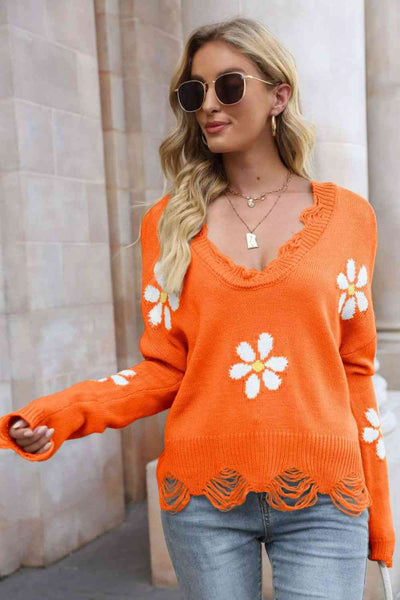 Explore More Collection - Flower Distressed Ribbed Trim Sweater