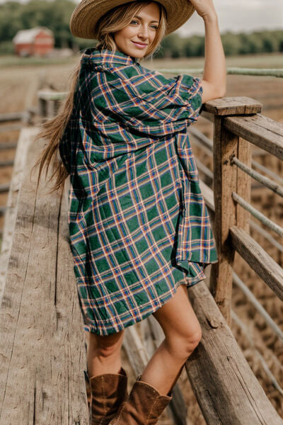 Explore More Collection - Plaid Button Up Collared Neck Shirt Dress