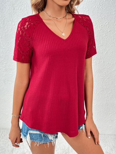 Explore More Collection - Lace Detail V-Neck Short Sleeve T-Shirt