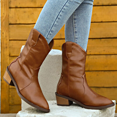 Explore More Collection - PU Leather Block Heel Boots