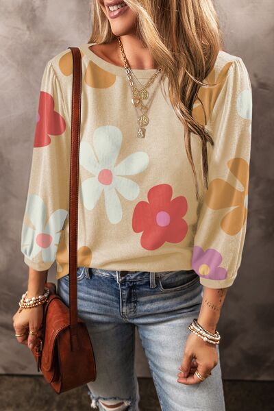 Explore More Collection - Flower Round Neck Long Sleeve Blouse