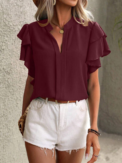 Explore More Collection - Ruffled Notched Short Sleeve Blouse