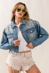 Explore More Collection - BiBi Pearl Detail Distressed Cropped Denim Jacket