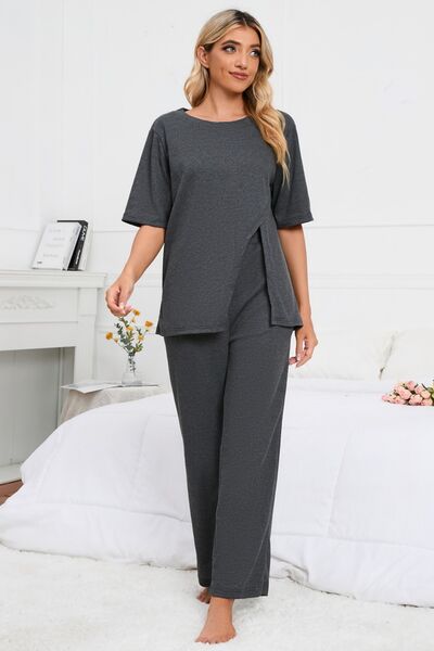 Explore More Collection - Slit Round Neck Top and Pants Lounge Set