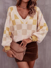 Explore More Collection - Checkered V-Neck Lantern Sleeve Sweater