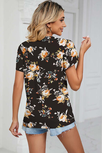 Explore More Collection - Floral V-Neck Short Sleeve T-Shirt