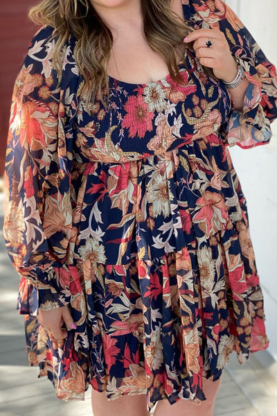 Explore More Collection - Plus Size Smocked Printed Long Sleeve Dress