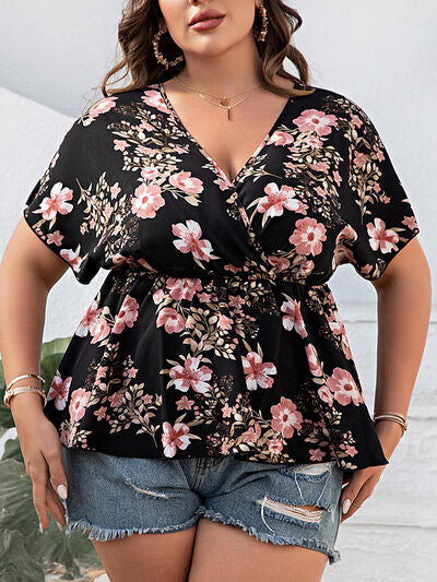 Explore More Collection - Plus Size Floral Surplice Short Sleeve Blouse