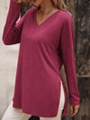 Explore More Collection - V-Neck Slit Long Sleeve T-Shirt