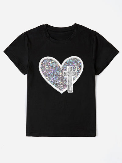 Explore More Collection - Sequin Heart Round Neck Short Sleeve T-Shirt