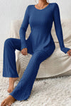 Explore More Collection - Ribbed Long Sleeve Slit Top and Bootcut Pants Set