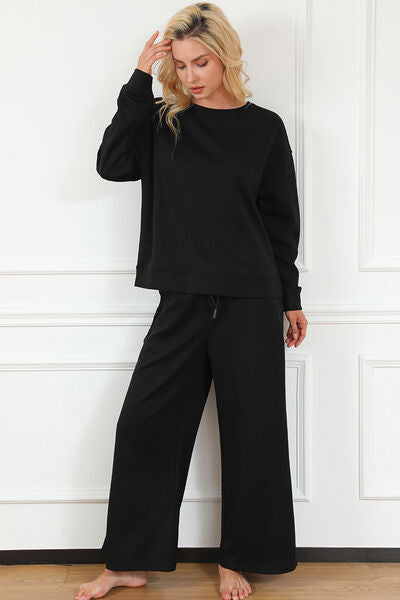 Explore More Collection - Double Take Full Size Textured Long Sleeve Top and Drawstring Pants Set