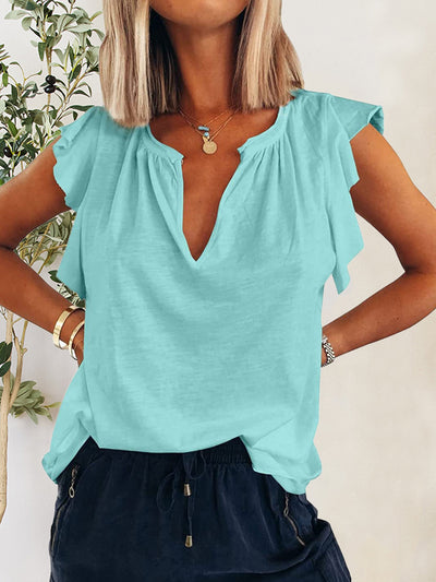 Explore More Collection - Ruffled Notched Cap Sleeve T-Shirt