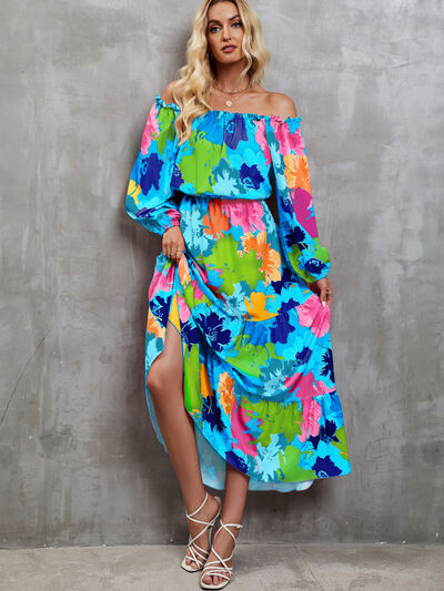 Explore More Collection - Printed Off-Shoulder Balloon Sleeve Tiered Dress