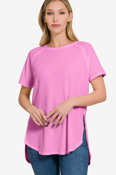 Explore More  Collection - Zenana Slit Round Neck Short Sleeve Waffle Top