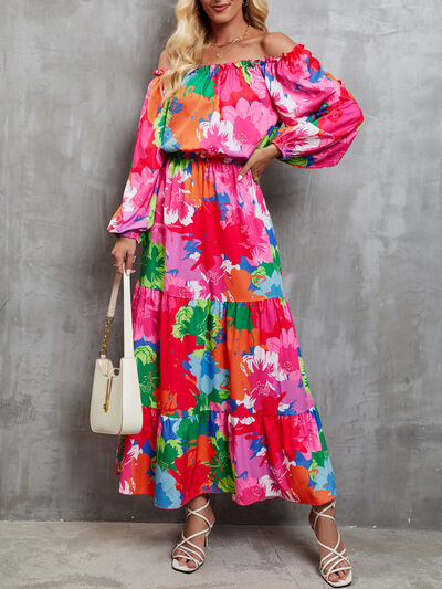 Explore More Collection - Printed Off-Shoulder Balloon Sleeve Tiered Dress