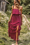 Explore More Collection - Polka Dot Strapless Slit Ruffled Maxi Dress