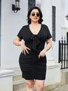 Explore More Collection - Plus Size Ruched Tied Short Sleeve Mini Dress