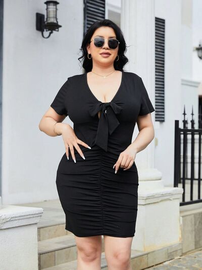 Explore More Collection - Plus Size Ruched Tied Short Sleeve Mini Dress