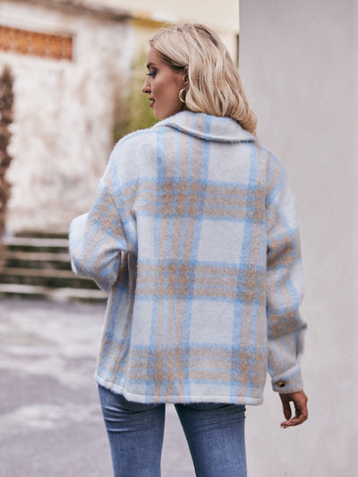 Explore More Collection - Plaid Dropped Shoulder Collared Jacket