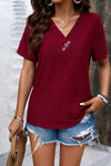 Explore More Collection - Eyelet Decorative Button V-Neck T-Shirt