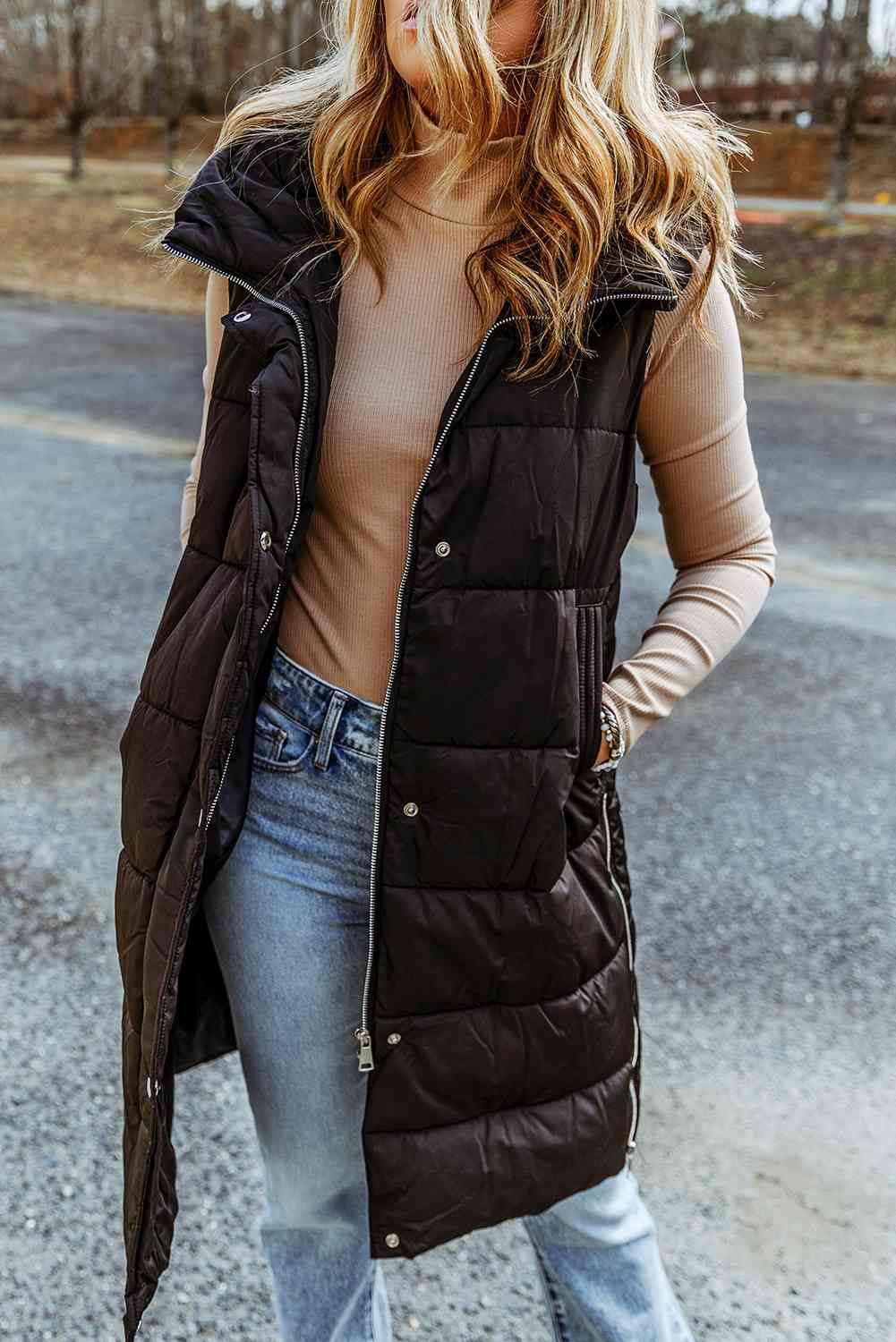 Explore More Collection - Longline Hooded Sleeveless Puffer Vest