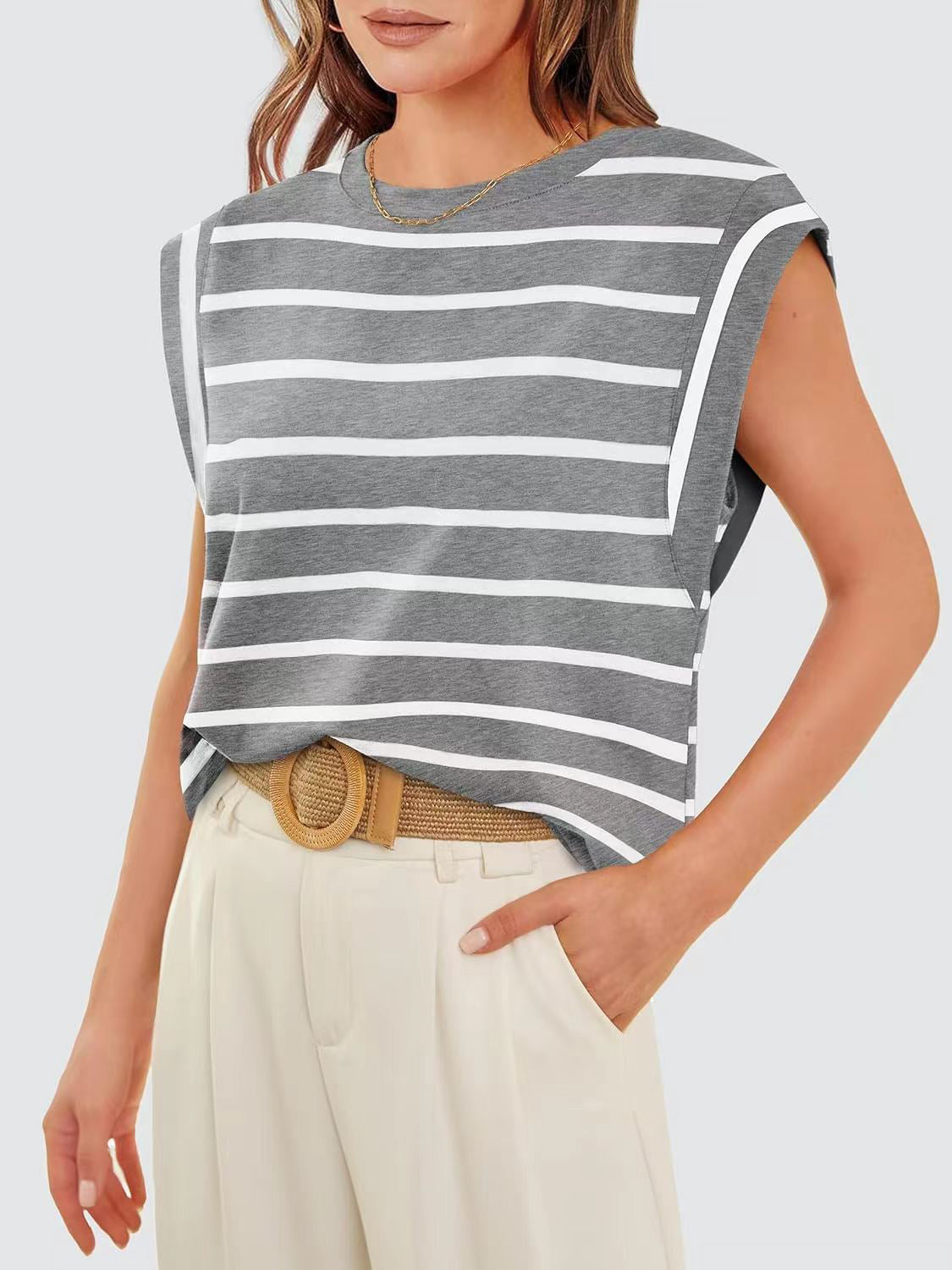 Explore More Collection - Striped Round Neck Cap Sleeve T-Shirt