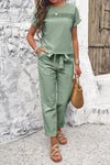 Explore More  Collection - Round Neck Short Sleeve Top and Pants Set