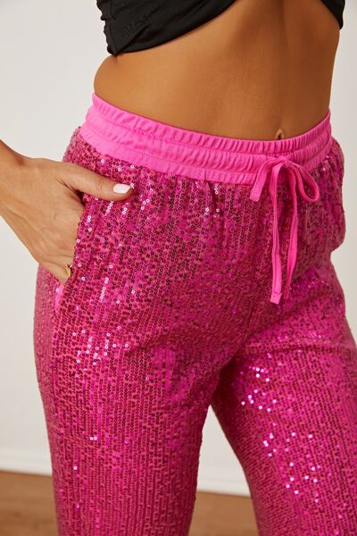 Explore More Collection - Sequin Drawstring Pants with Pockets