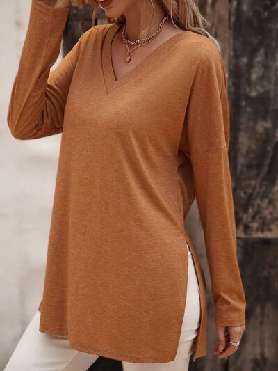 Explore More Collection - V-Neck Slit Long Sleeve T-Shirt