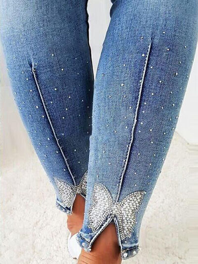 Explore More Collection - Rhinestone Detail Buttoned Jeans with Pockets