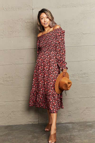 Explore More Collection - Off-Shoulder Long Sleeve Midi Dress
