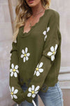 Explore More Collection - Flower Distressed Ribbed Trim Sweater