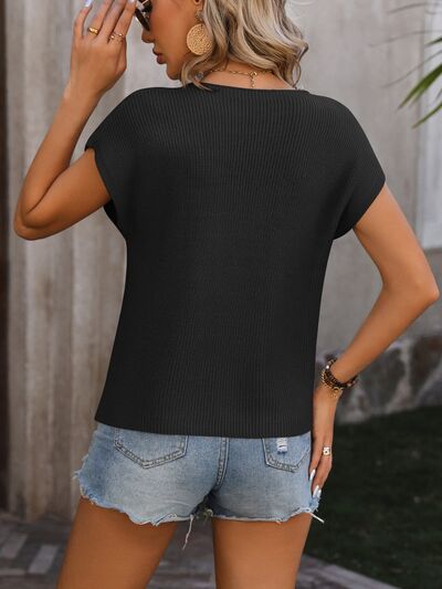 Explore More Collection - Pocketed Round Neck Cap Sleeve Sweater