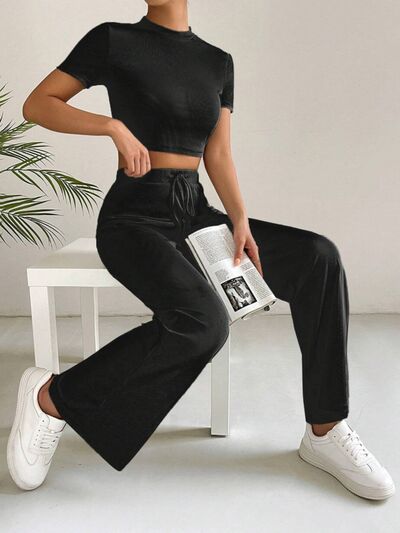 Explore More Collection - Drawstring Mock Neck Top and High Waist Pants Set