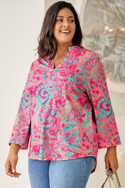 Explore More Collection - Plus Size Printed Notched Long Sleeve Blouse